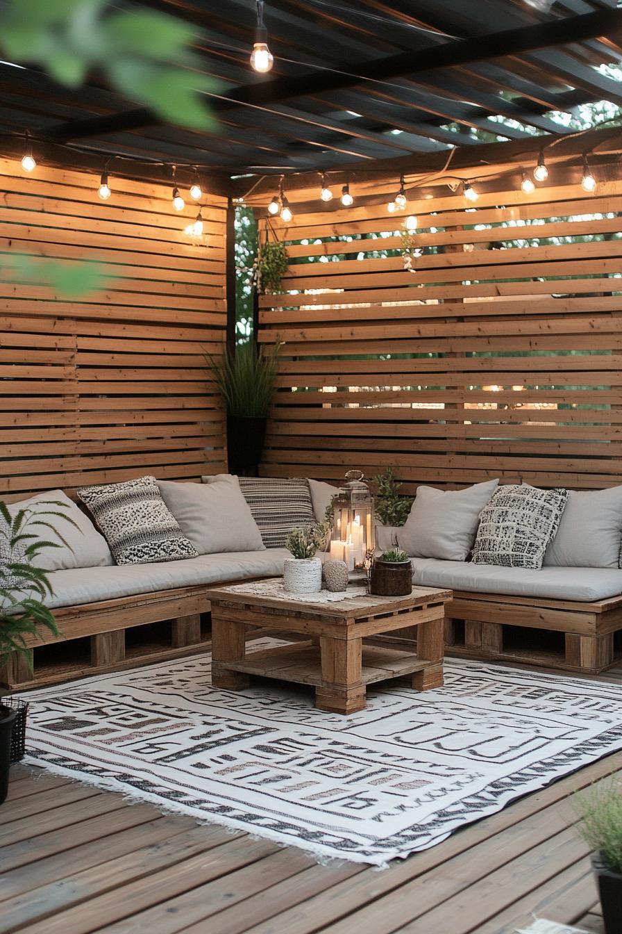 slatted siding house patio with wooden deck wood stain benches with cushions low table area rug string lights 2