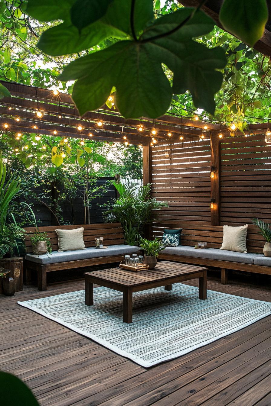 slatted siding house patio with wooden deck wood stain benches with cushions low table area rug string lights 3