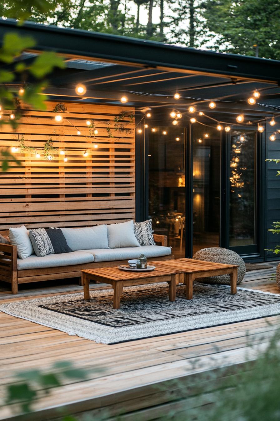 slatted siding house patio with wooden deck wood stain benches with cushions low table area rug string lights