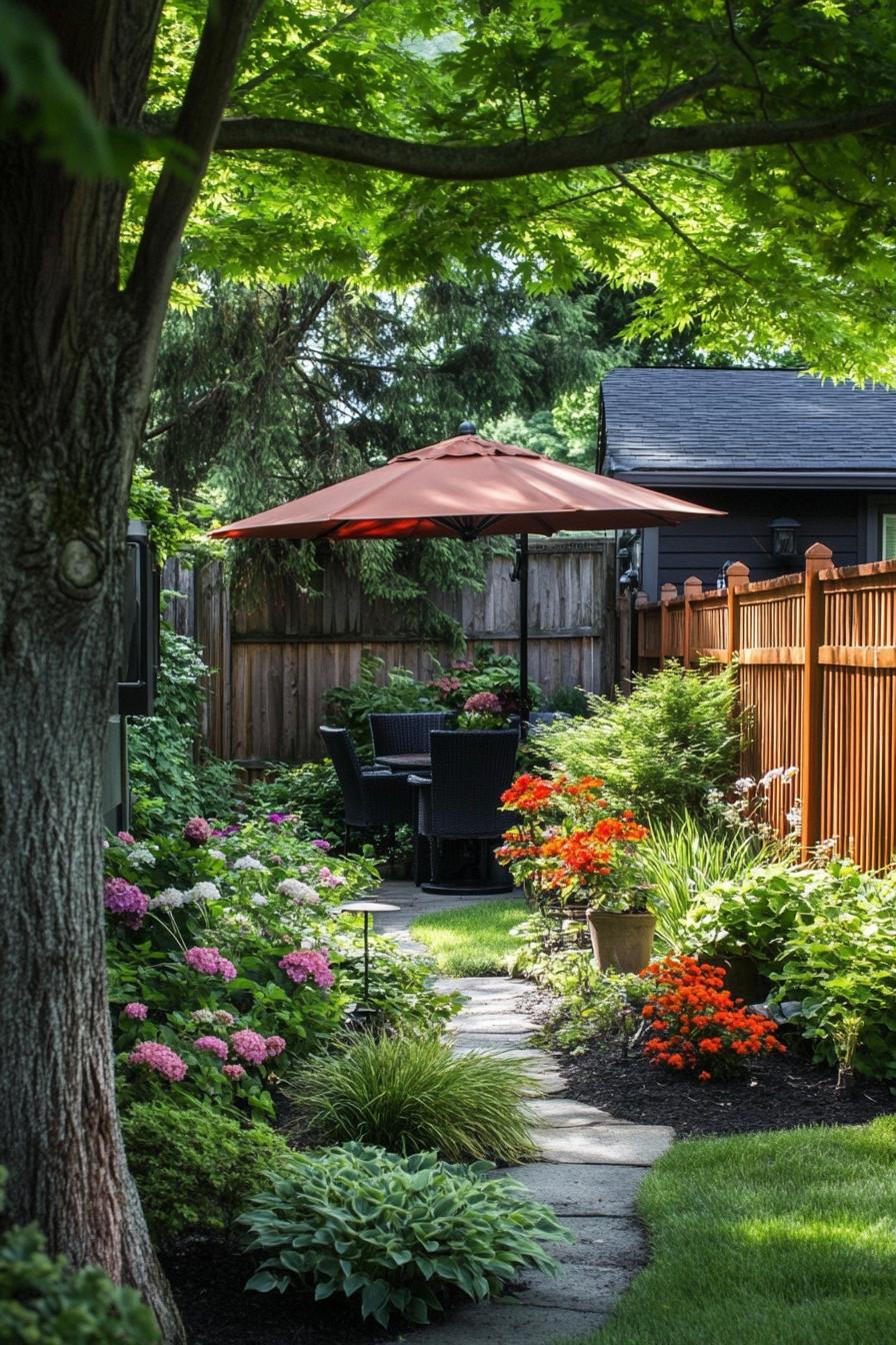 small patio with lush garden with ornamental grass flower bushes and flower pots rustic fence tree shade patio umbrella 1