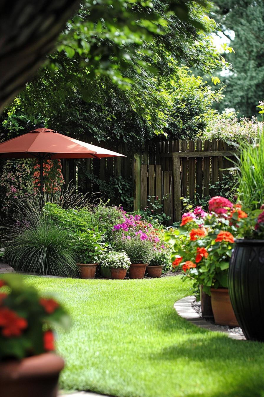 small patio with lush garden with ornamental grass flower bushes and flower pots rustic fence tree shade patio umbrella 2