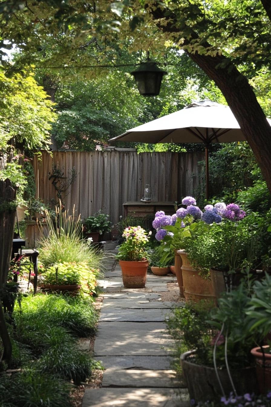 small patio with lush garden with ornamental grass flower bushes and flower pots rustic fence tree shade patio umbrella