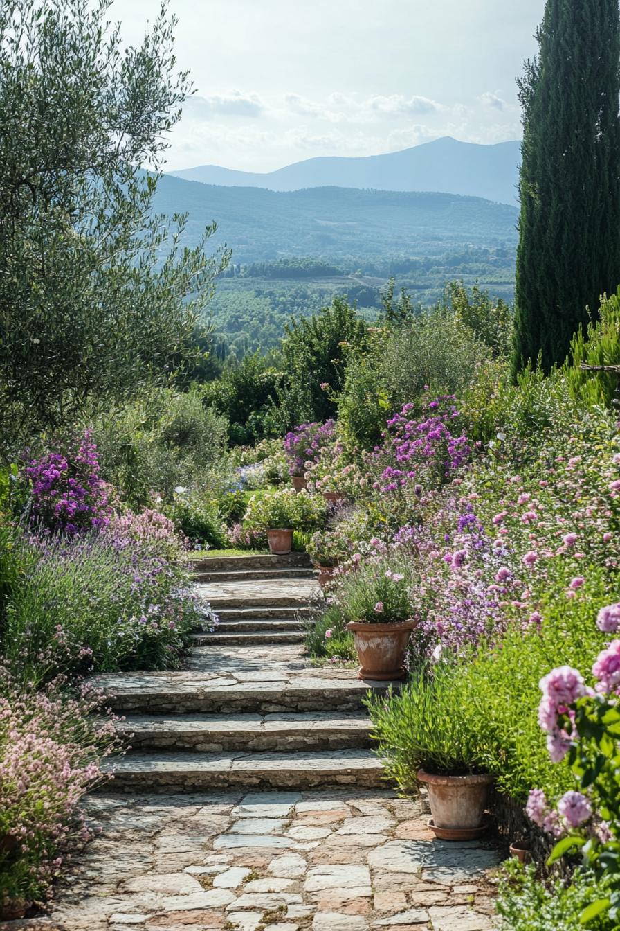 tuscan garden with steps lush native plants flowers trees shrubs Tuscany mountains in the background