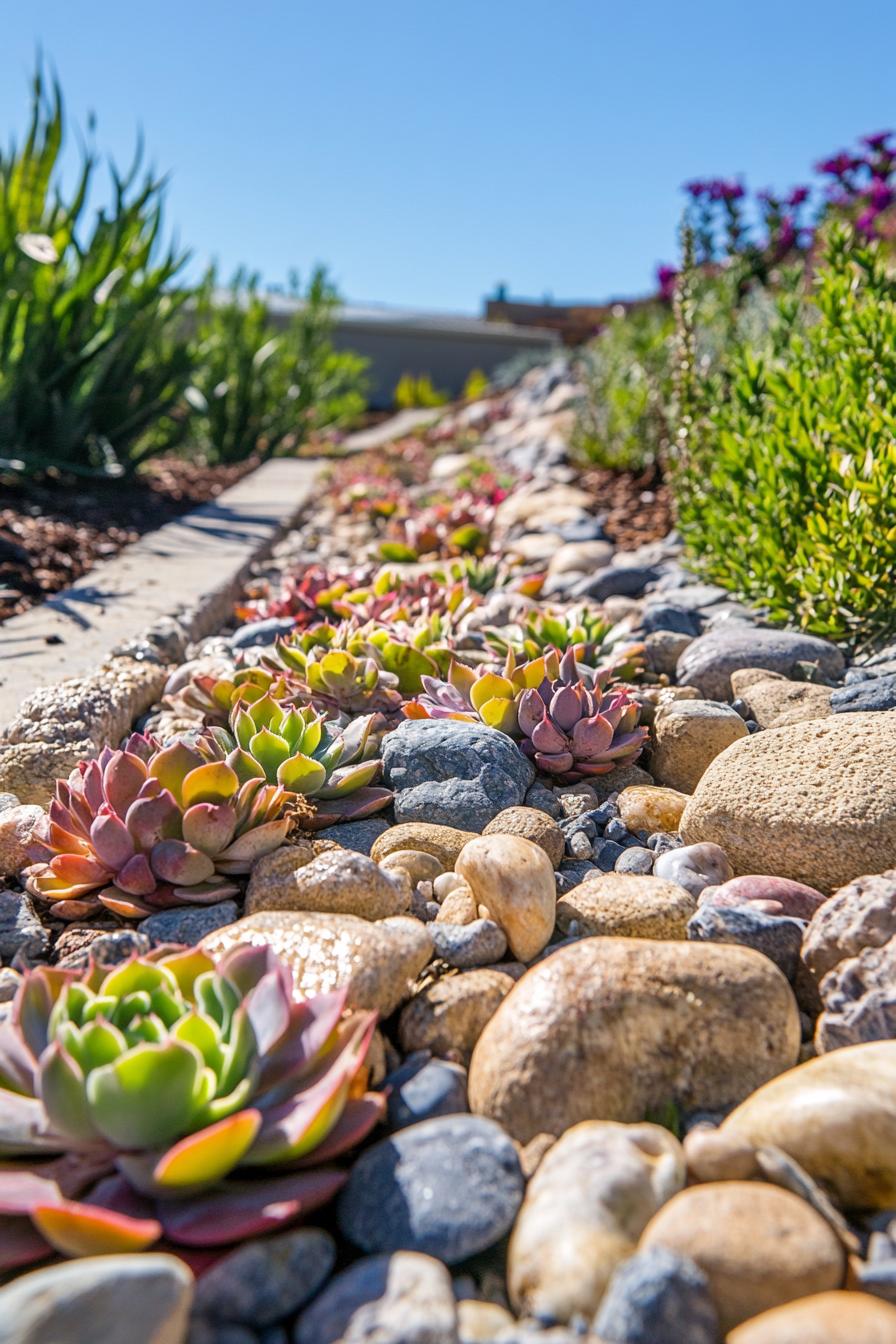 backyard succulent garden with river rock paths 1