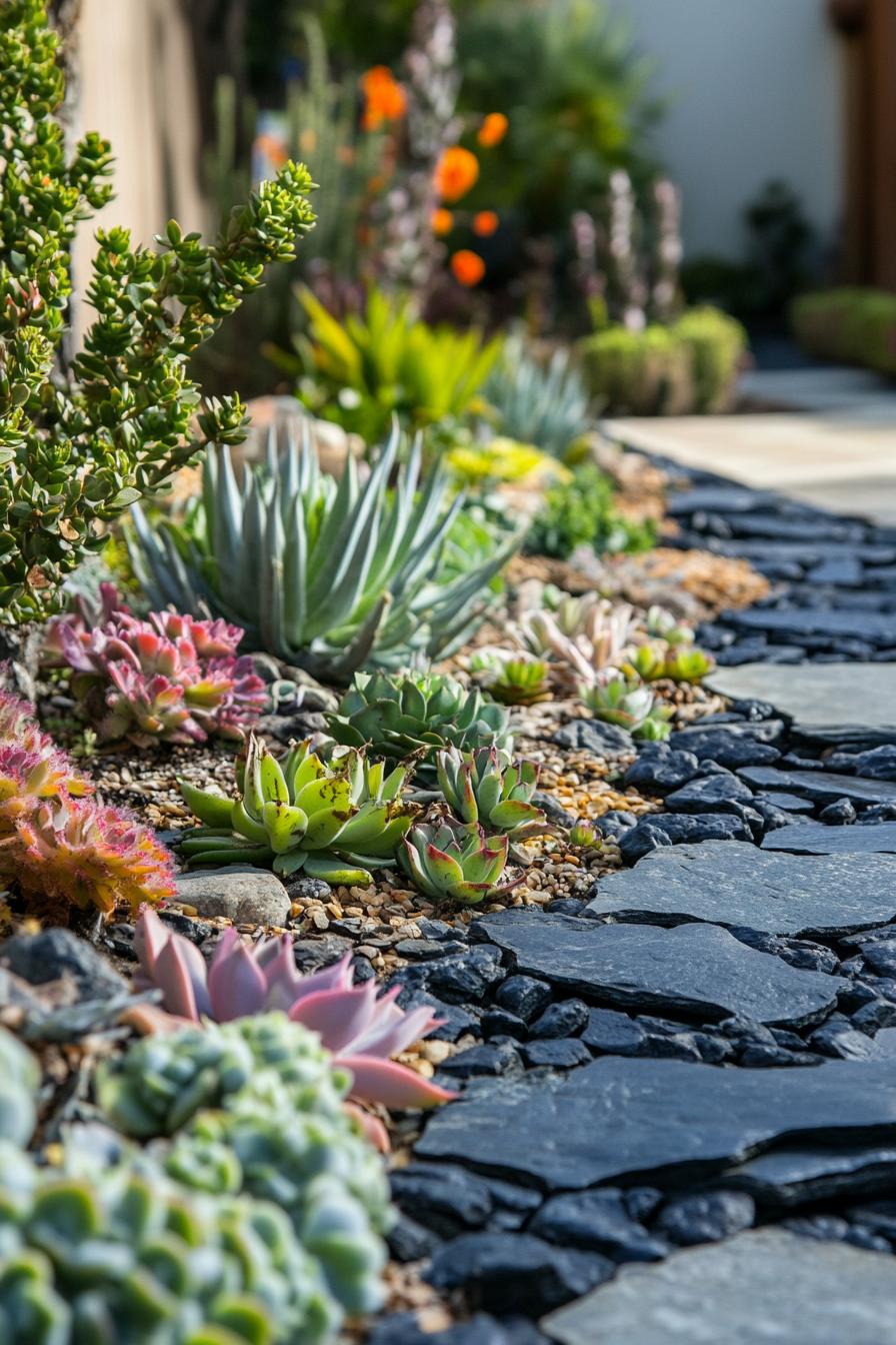 backyard succulent garden with river rock paths