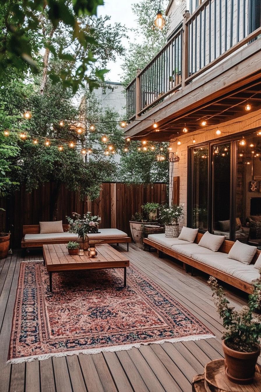 clapboard siding house patio with wooden deck wood stain benches with cushions low table area rug string lights 1