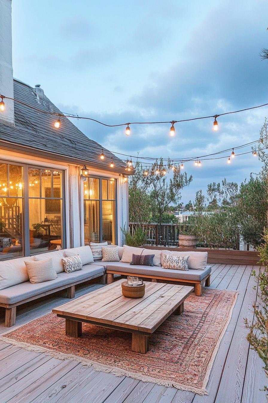 clapboard siding house patio with wooden deck wood stain benches with cushions low table area rug string lights 2