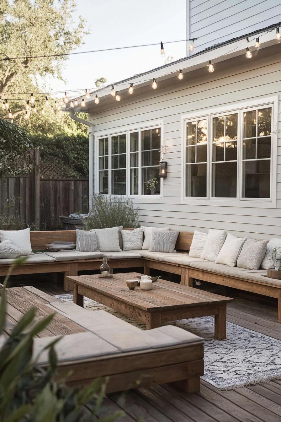 clapboard siding house patio with wooden deck wood stain benches with cushions low table area rug string lights 3