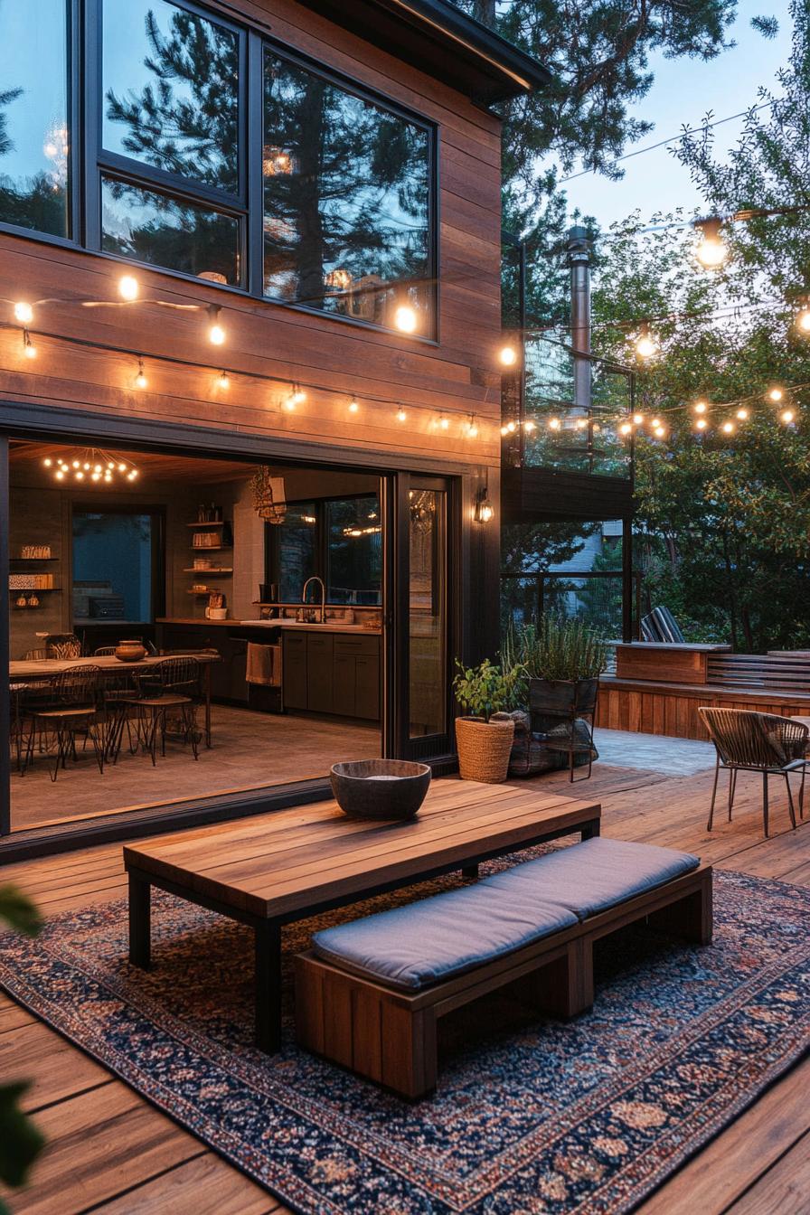 clapboard siding house patio with wooden deck wood stain benches with cushions low table area rug string lights