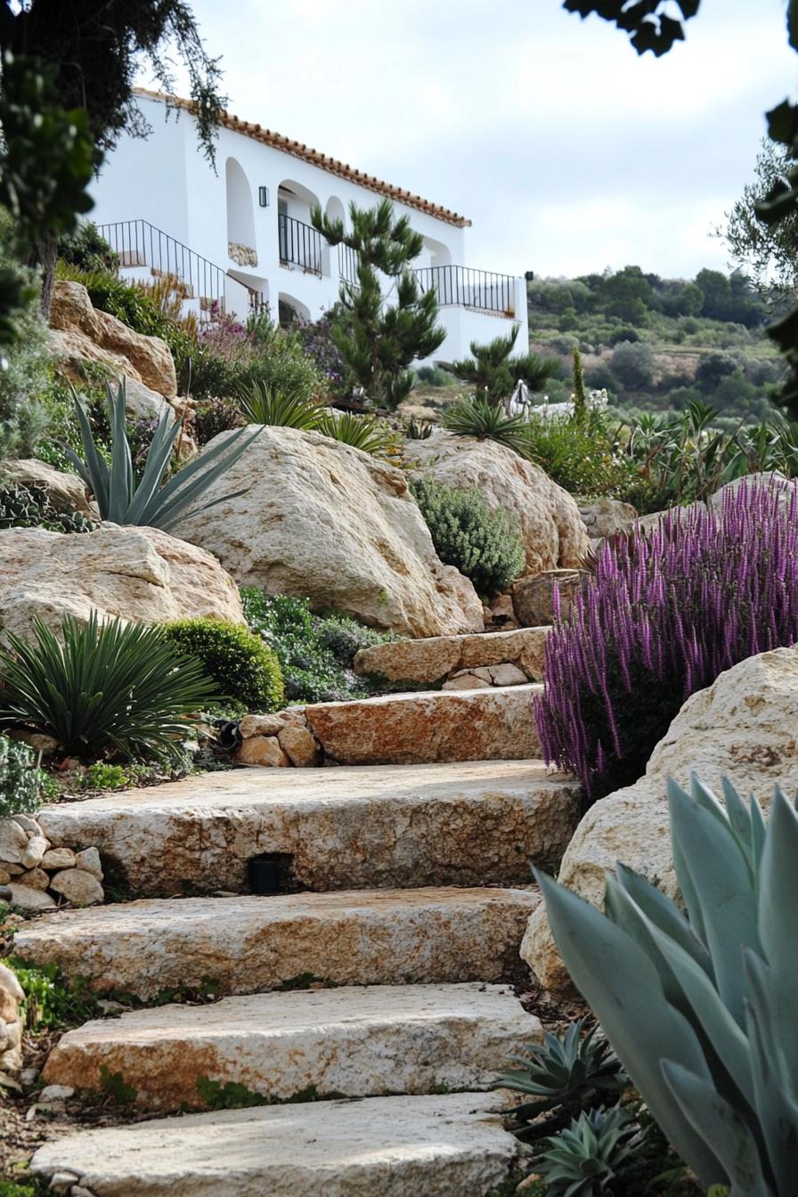 mediterranean landscaping with large rocks succulents native purple runner plants slight slope with concrete slab steps white villa can be seen at 1