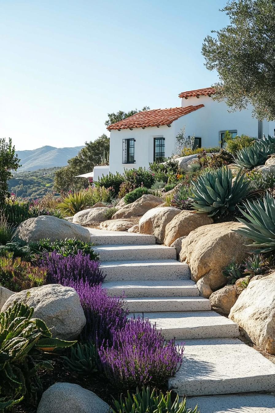 mediterranean landscaping with large rocks succulents native purple runner plants slight slope with concrete slab steps white villa can be seen at 2