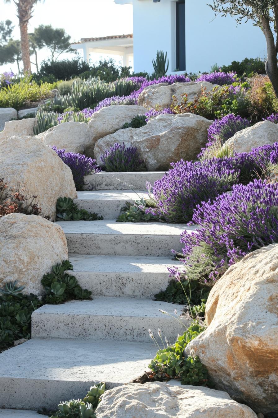 mediterranean landscaping with large rocks succulents native purple runner plants slight slope with concrete slab steps white villa can be seen at 3