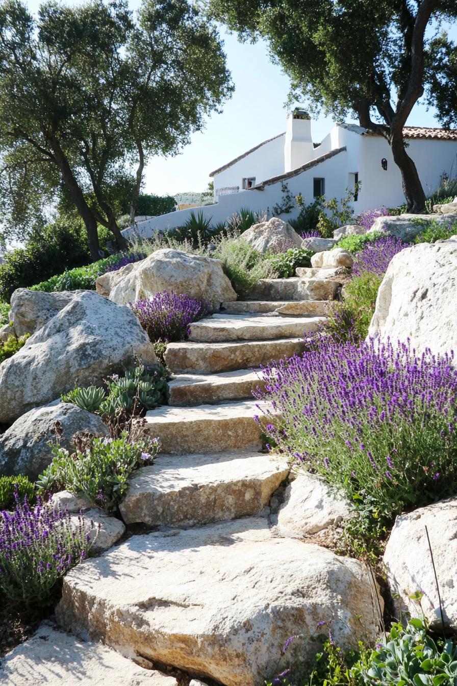 mediterranean landscaping with large rocks succulents native purple runner plants slight slope with concrete slab steps white villa can be seen at