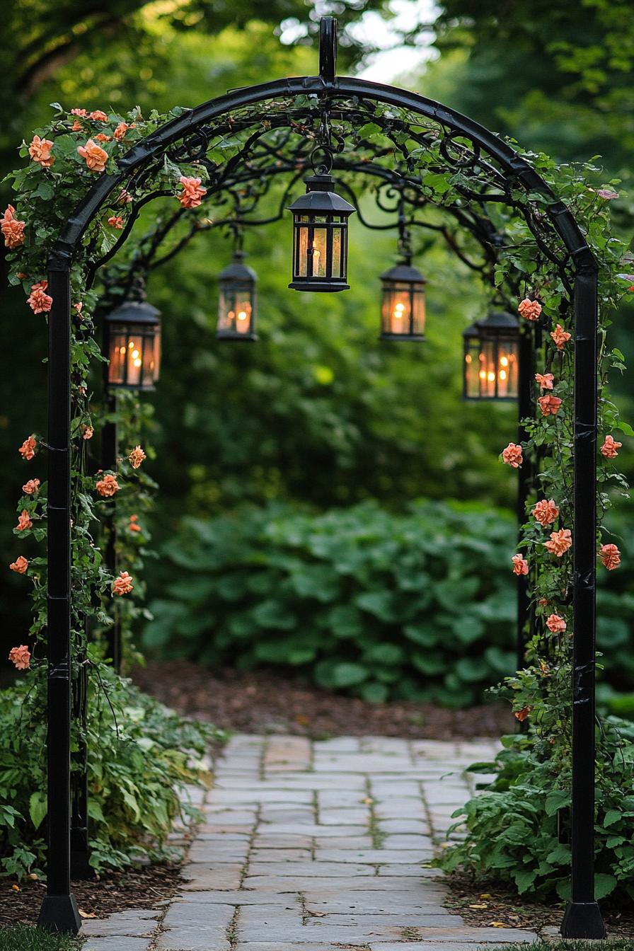 metal frame arbor with vines and small lanterns 1