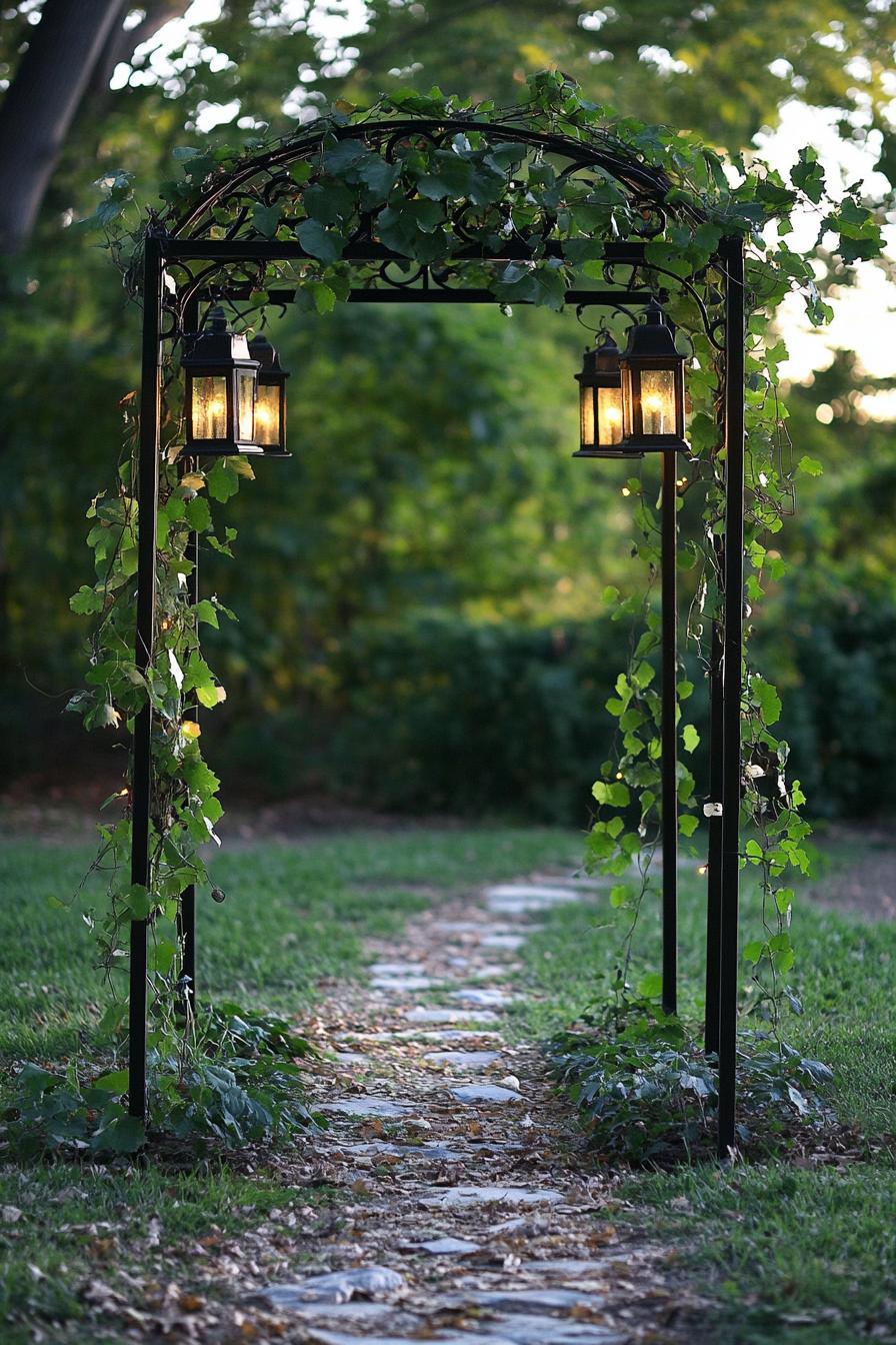 metal frame arbor with vines and small lanterns 2