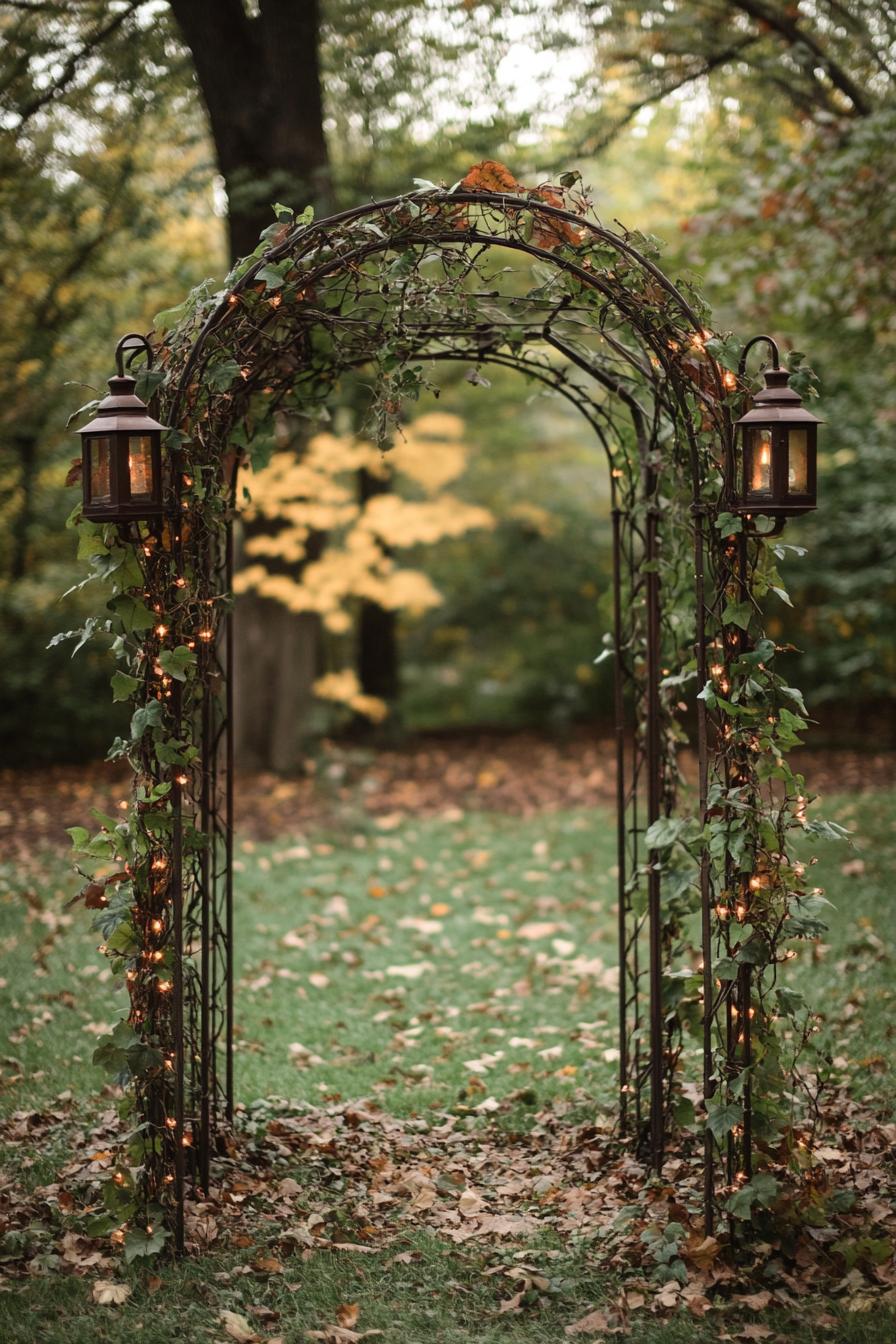 metal frame arbor with vines and small lanterns 3