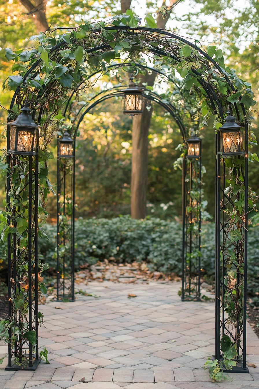 metal frame arbor with vines and small lanterns