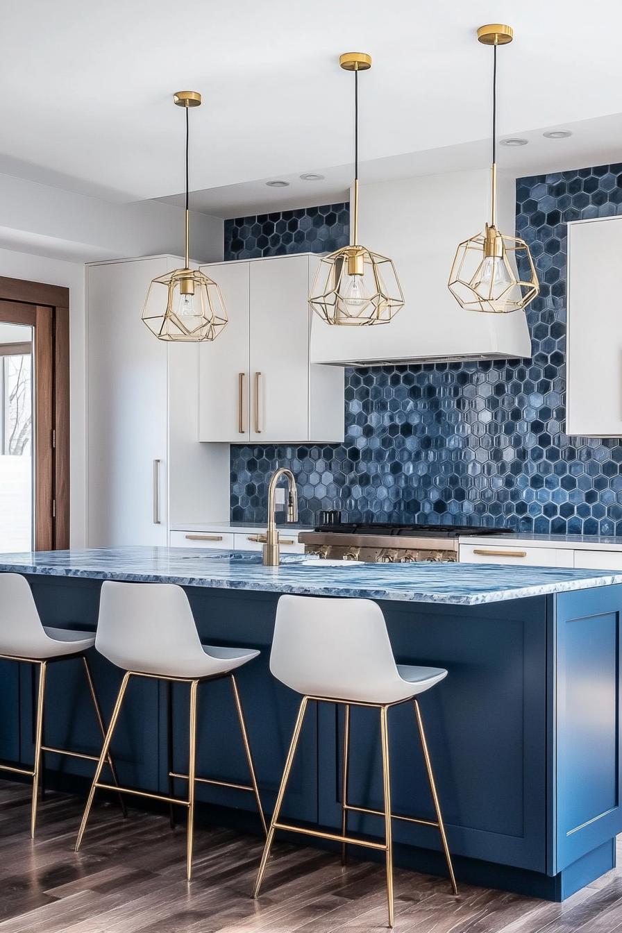 modern kitchen with dark saphire blue lower cabinets white upper cabinets blue marble honeycomb backsplash