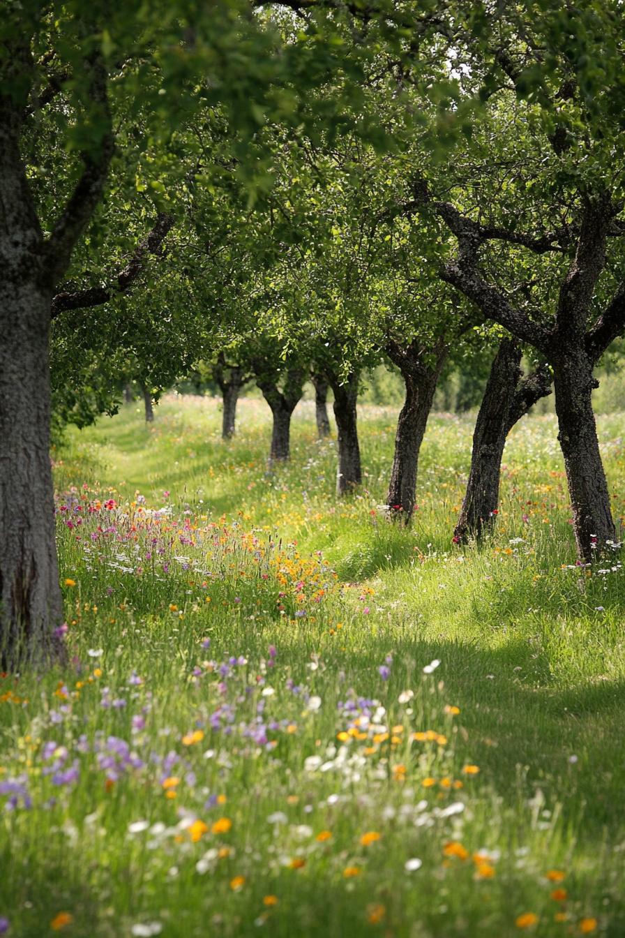 orchard garden with old trees and wildflower meadow