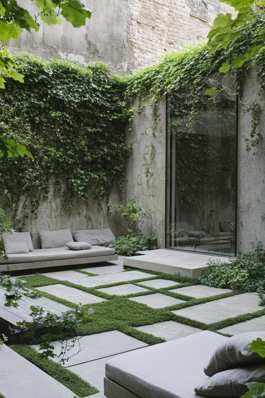 small modern patio with zen garden geometric concrete path walls with vines minimalist furniture with cushions 1