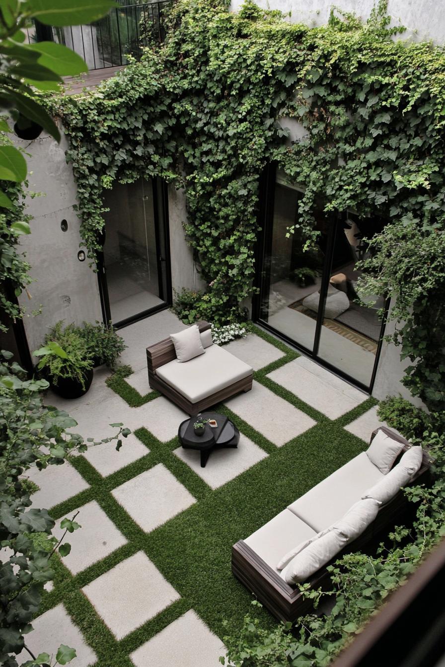 small modern patio with zen garden geometric concrete path walls with vines minimalist furniture with cushions 2