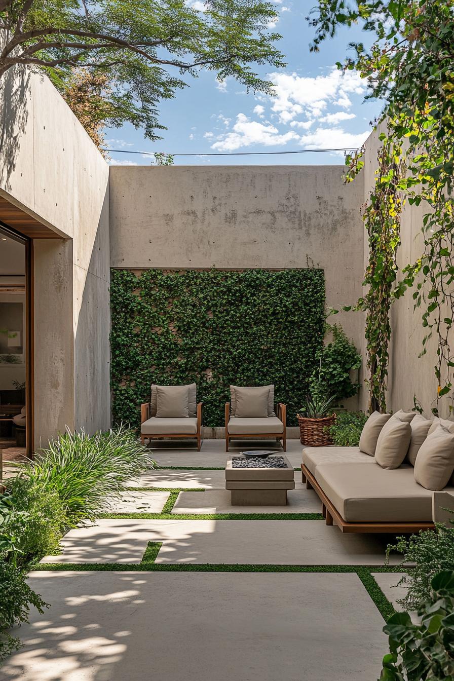 small modern patio with zen garden geometric concrete path walls with vines minimalist furniture with cushions 3