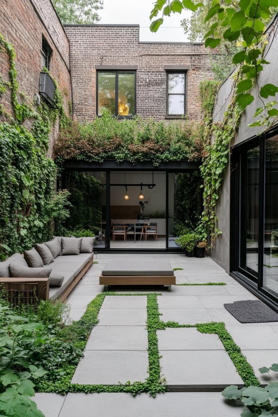 small modern patio with zen garden geometric concrete path walls with vines minimalist furniture with cushions