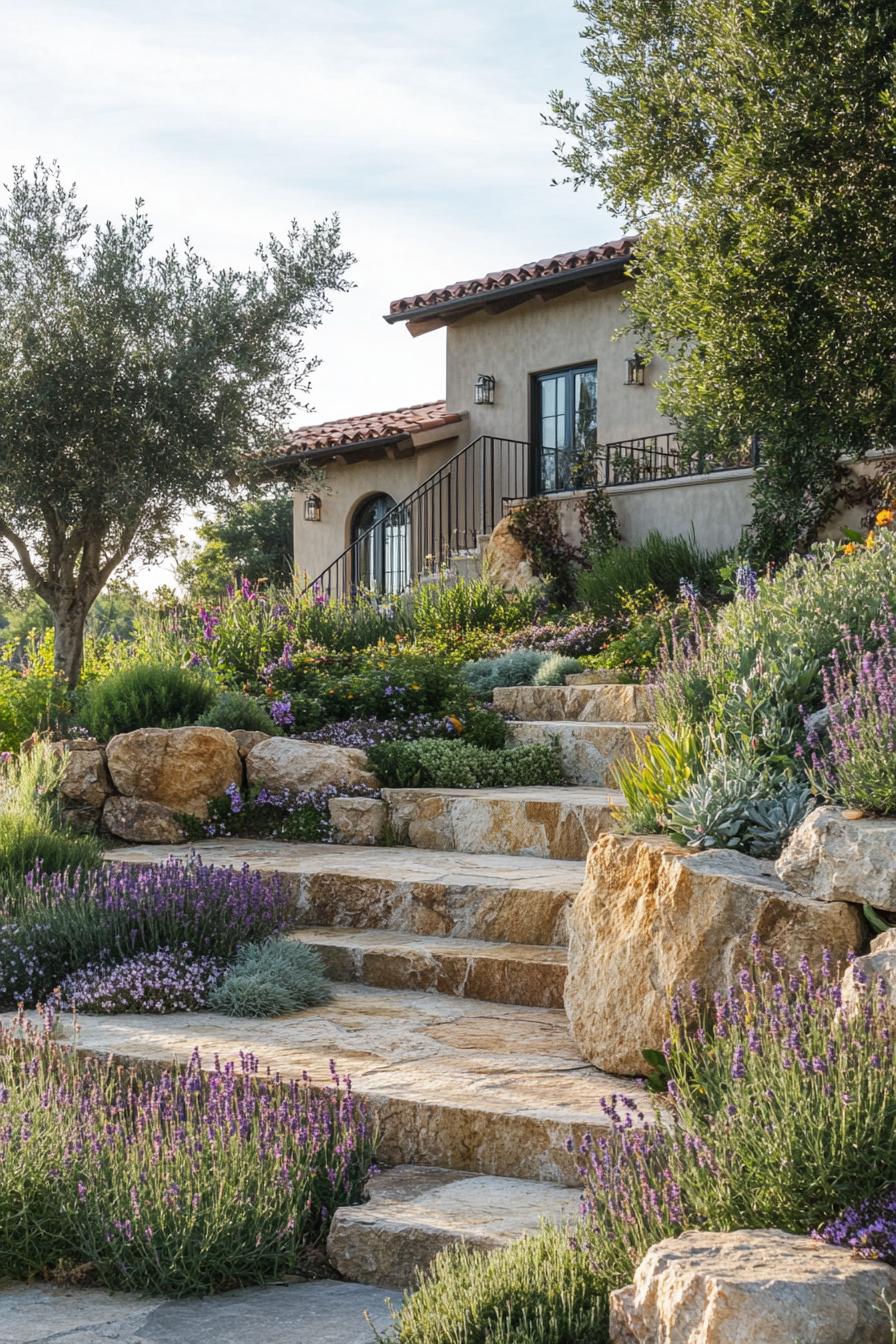 tuscan rock garden with steps lush native plants flower trees shrubs