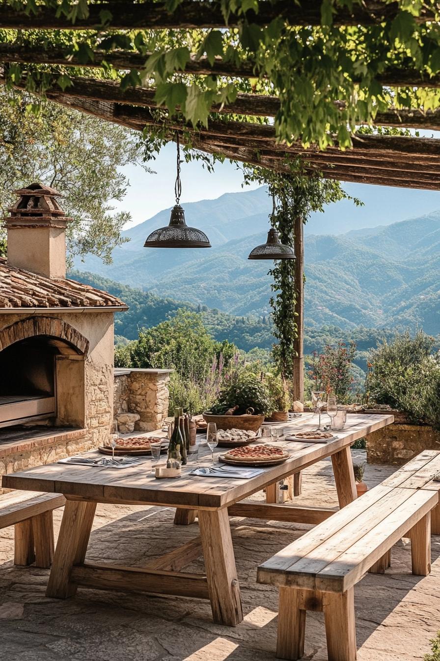 Tuscan backyard garden with outdoor pizza oven large wooden dining table with benches Tuscany mountains in the background