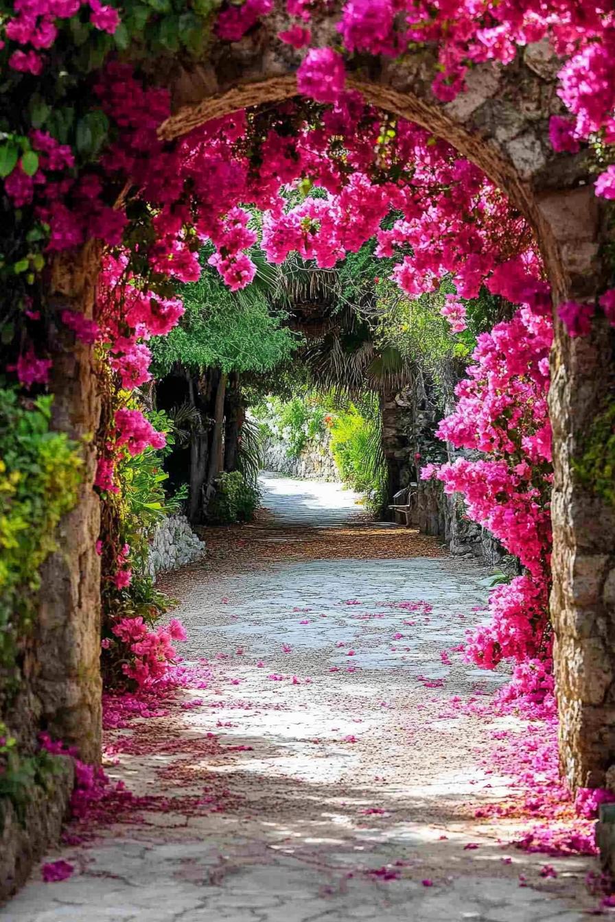 arched pathway to a garden overgrown with bougainvilleas 1