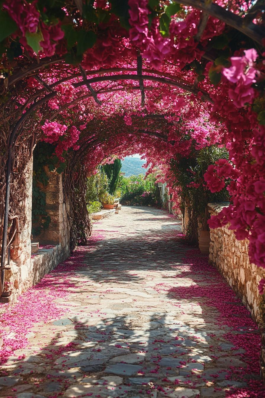 arched pathway to a garden overgrown with bougainvilleas 2