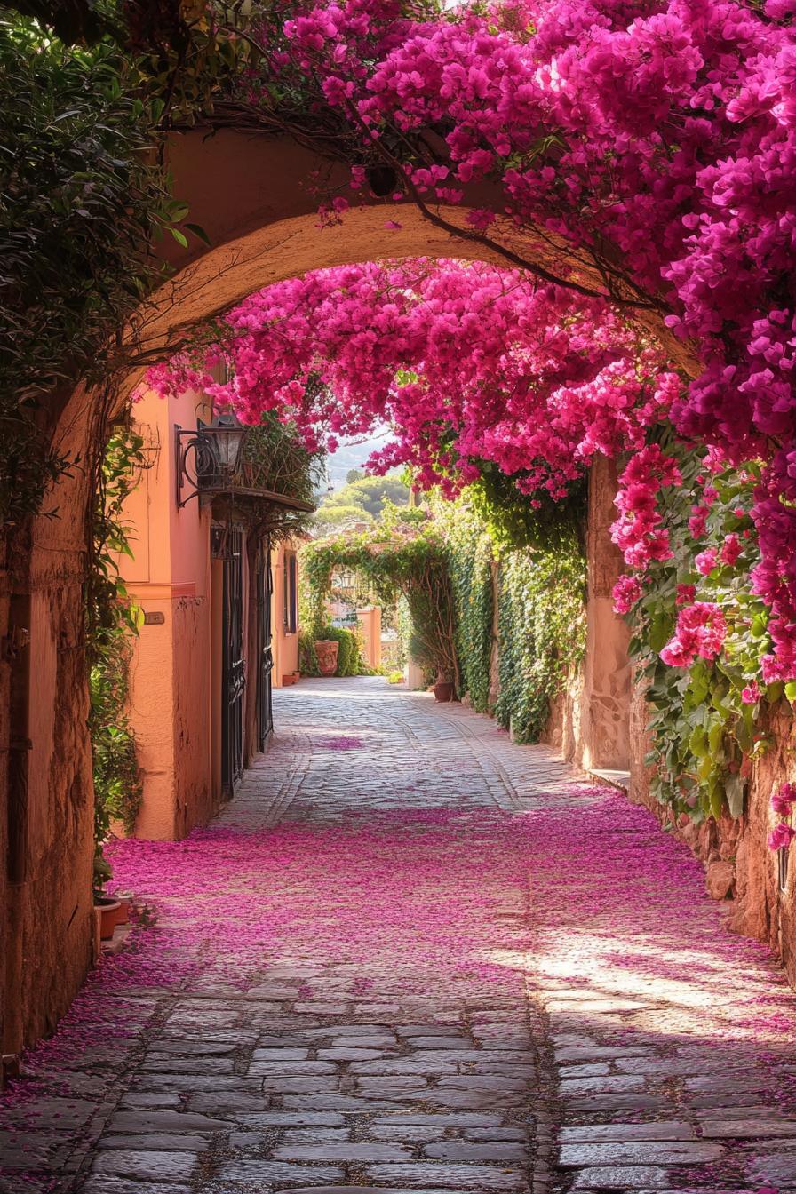 arched pathway to a garden overgrown with bougainvilleas 3