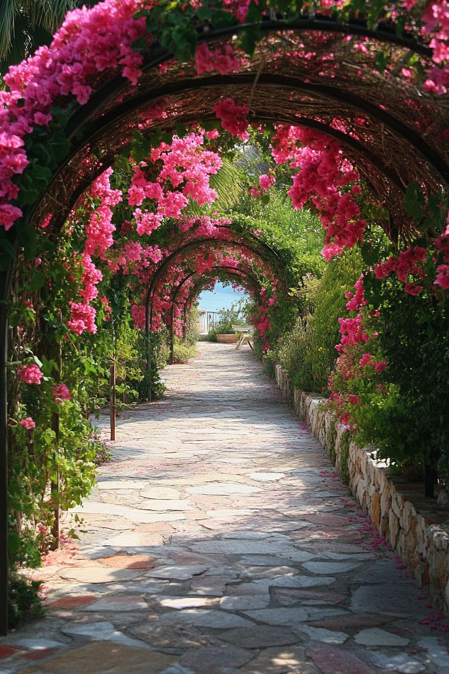 arched pathway to a garden overgrown with bougainvilleas