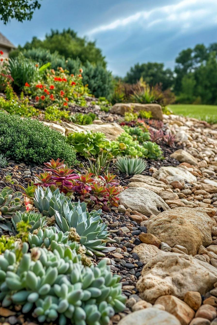 backyard succulent garden with river rock beds