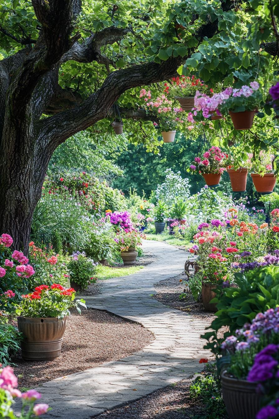 lush flower garden with paved paths a large tree and flower pots handing from its branches there are flowers planted in vintage planters on the