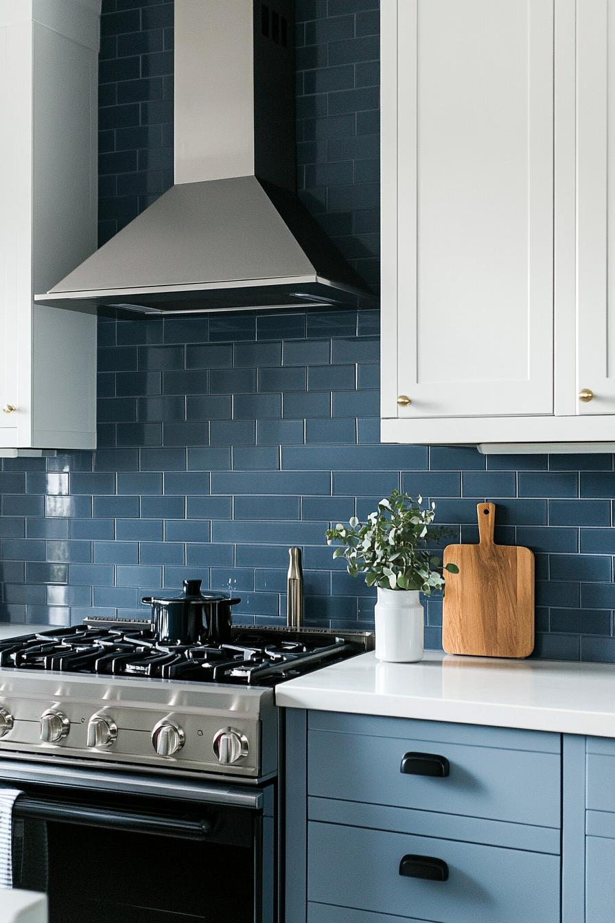 modern kitchen with pastel baby blue lower cabinets white upper cabinets dark blue subway tile backsplash