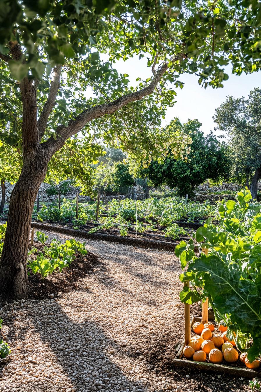 orchard garden with trees and edible veggies 1