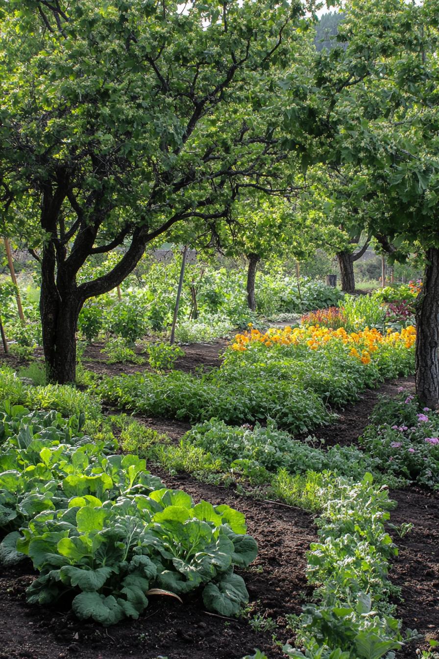 orchard garden with trees and edible veggies