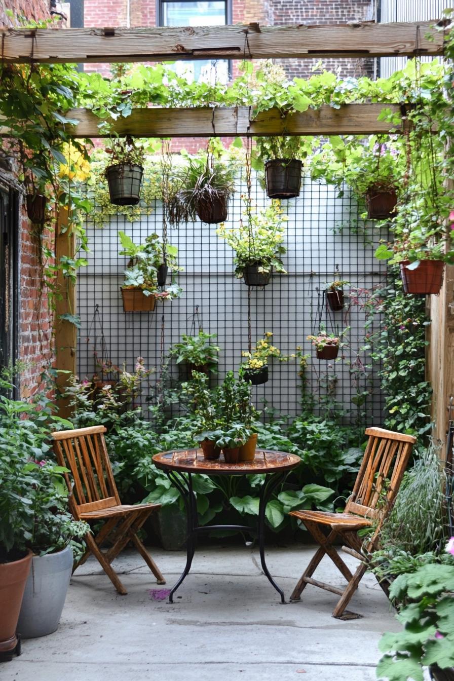 small patio garden with wooden and mesh trellist with vines and hanging pot planters bistro table with chairs in front