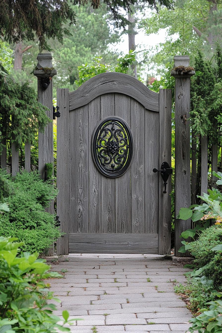 A wooden fence gate with a decorative iron oval in the middle in a grey wood color surrounded by greenery and a garden 1