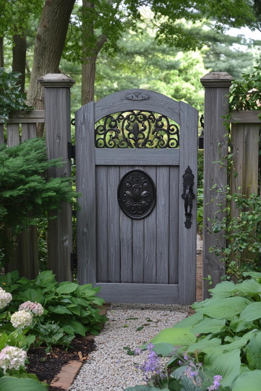 A wooden fence gate with a decorative iron oval in the middle in a grey wood color surrounded by greenery and a garden