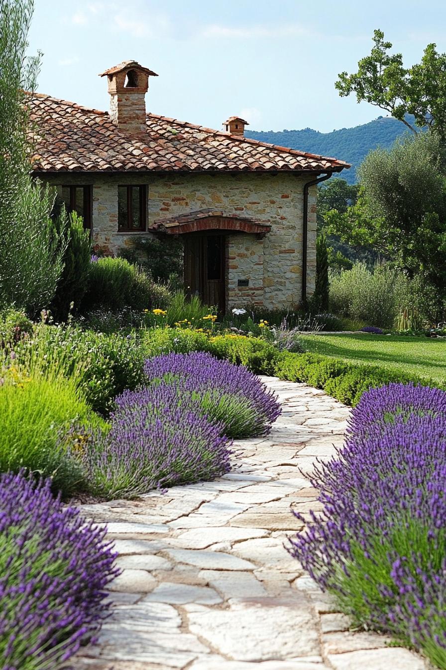 Tuscan home garden with stone path native plants lavenders