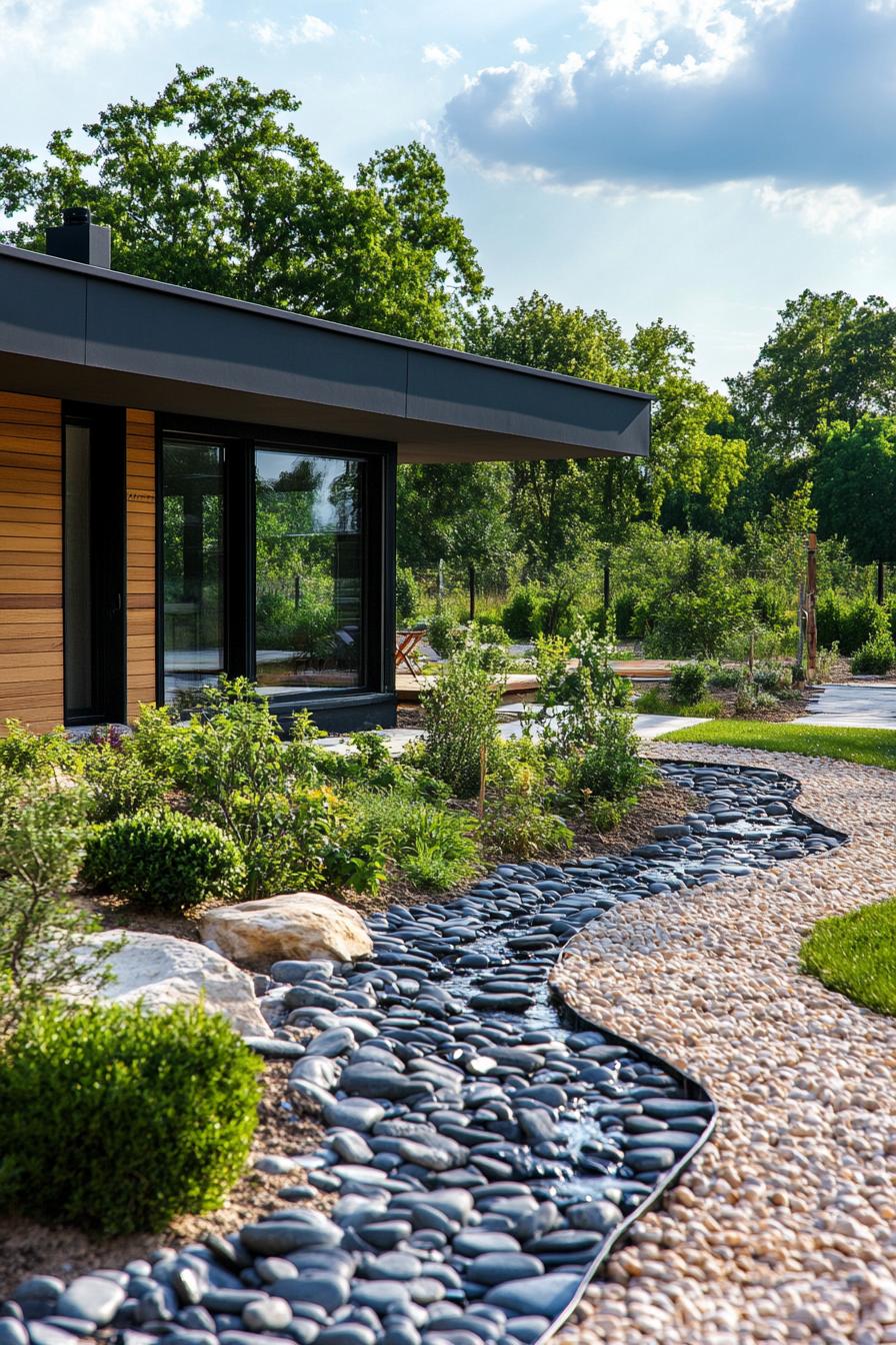 garden in front of a modern cottage house shrubs and river rock paths 1