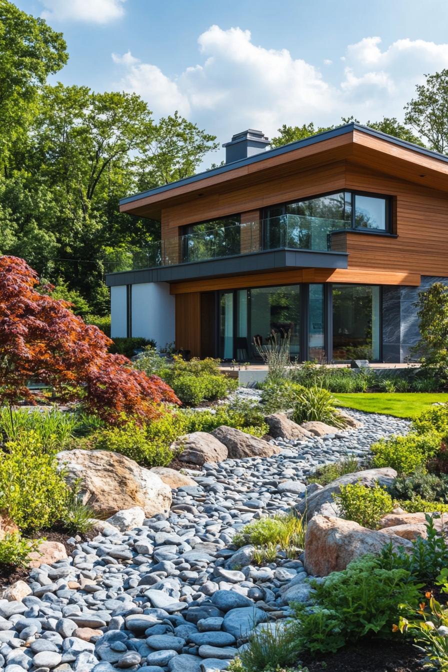 garden in front of a modern cottage house shrubs and river rock paths 2