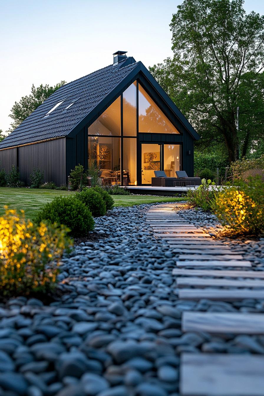 garden in front of a modern cottage house shrubs and river rock paths