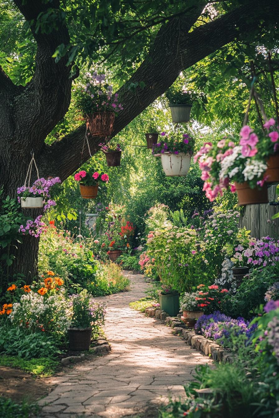 lush flower garden with paved paths a large tree and flower pots hanging from its branches there are flowers planted in vintage planters on the 1