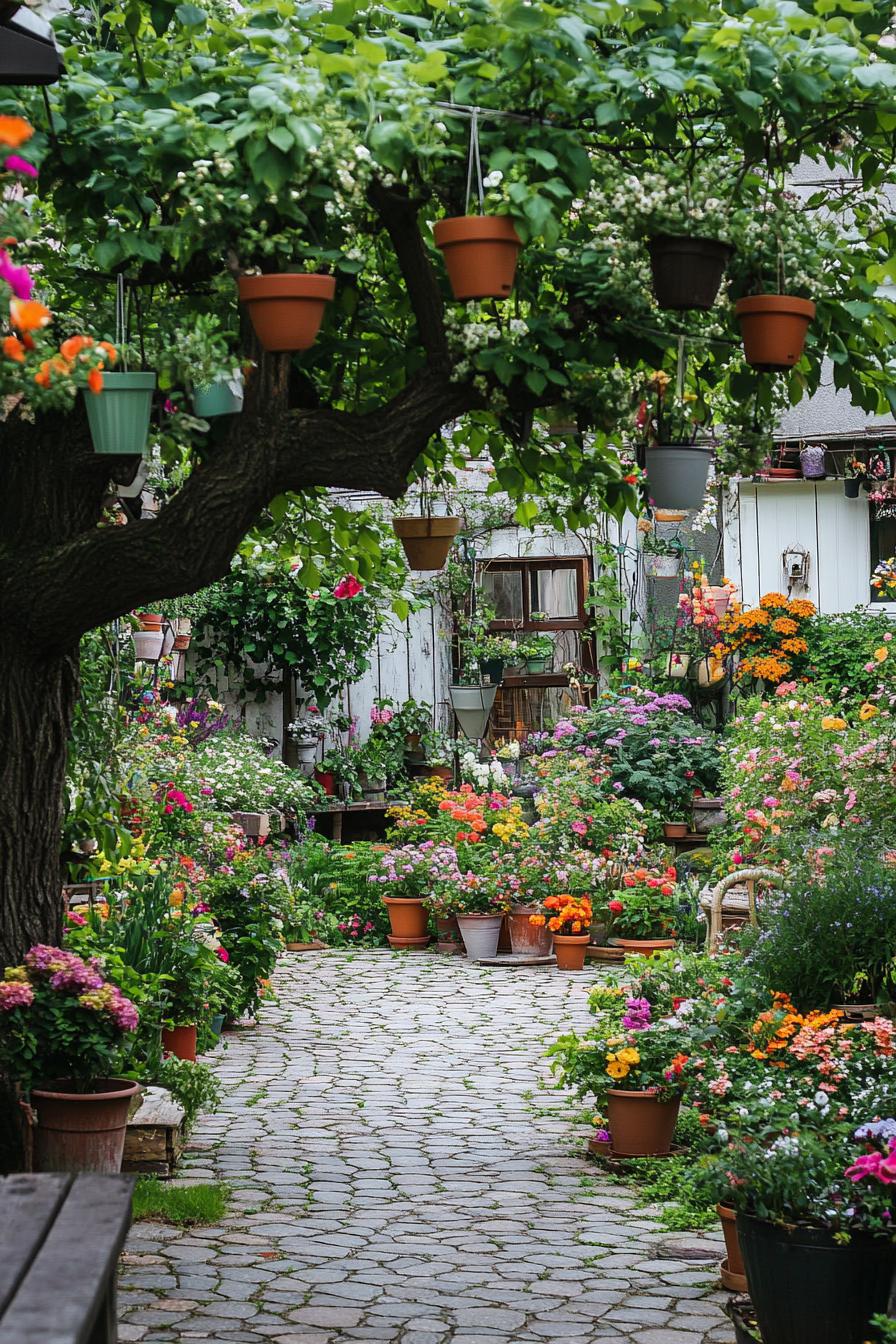 lush flower garden with paved paths a large tree and flower pots hanging from its branches there are flowers planted in vintage planters on the