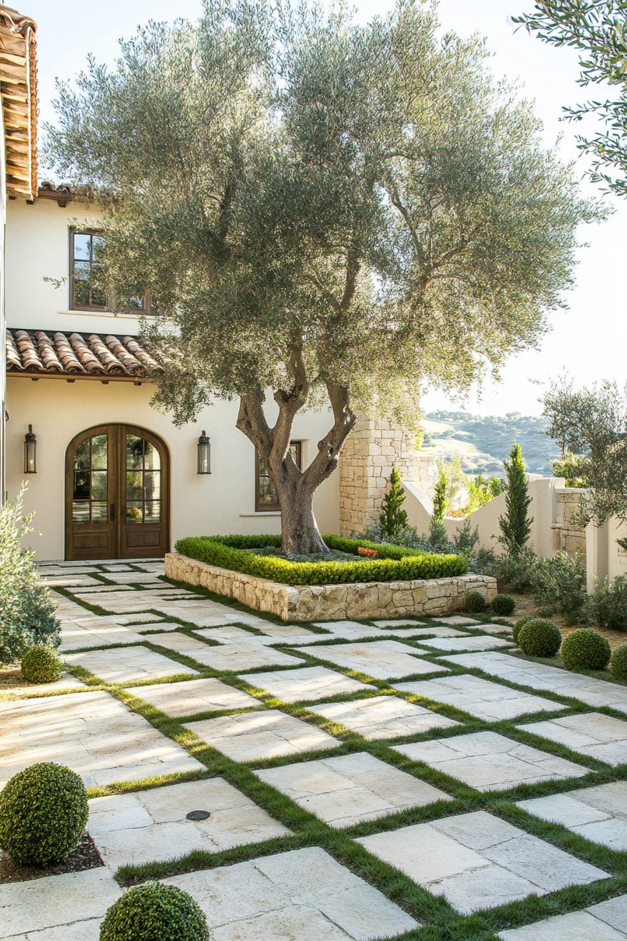 mediterranean landscaping with an old olive tree in the center stone tiles with grass geometric round shrubs bordering the yard 1