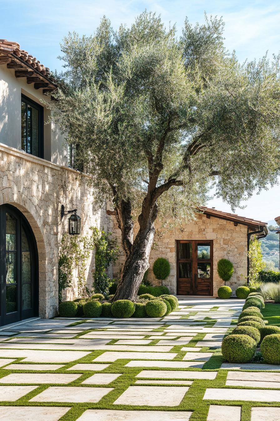 mediterranean landscaping with an old olive tree in the center stone tiles with grass geometric round shrubs bordering the yard 2