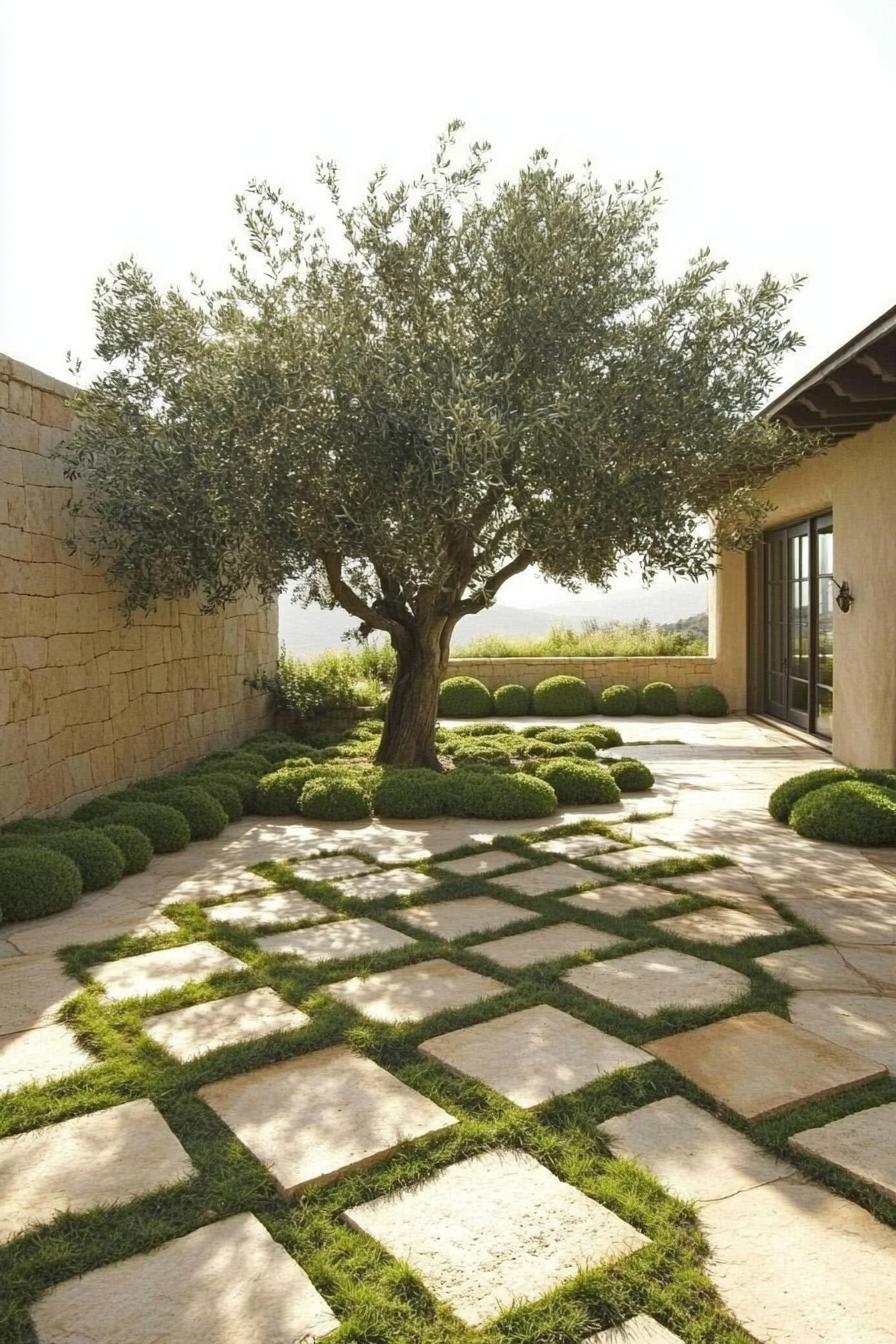 mediterranean landscaping with an old olive tree in the center stone tiles with grass geometric round shrubs bordering the yard 3